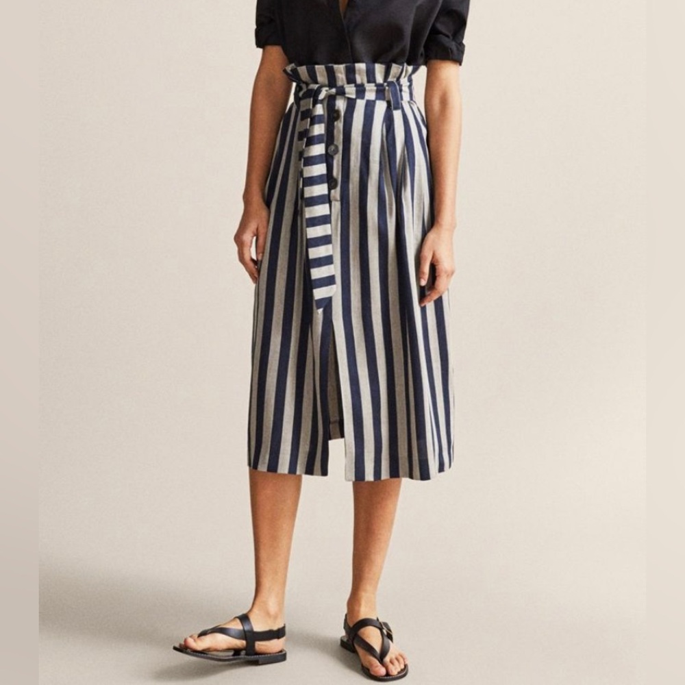Massimo Dutti Navy and White Striped Midi Skirt with Tie Belt